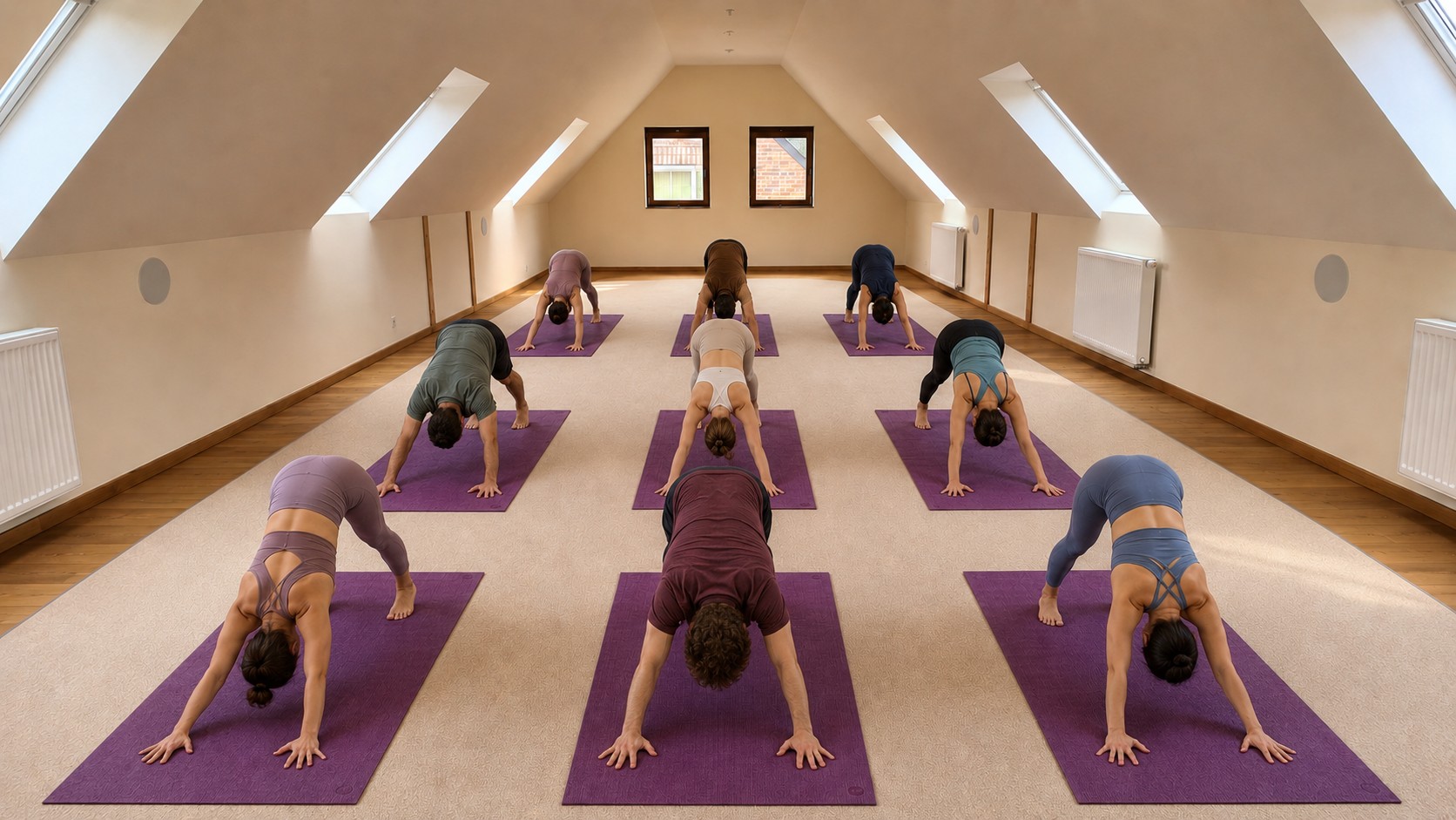 Grande salle avec tapis de yoga et pratiquants yoga en position chien tête en bas